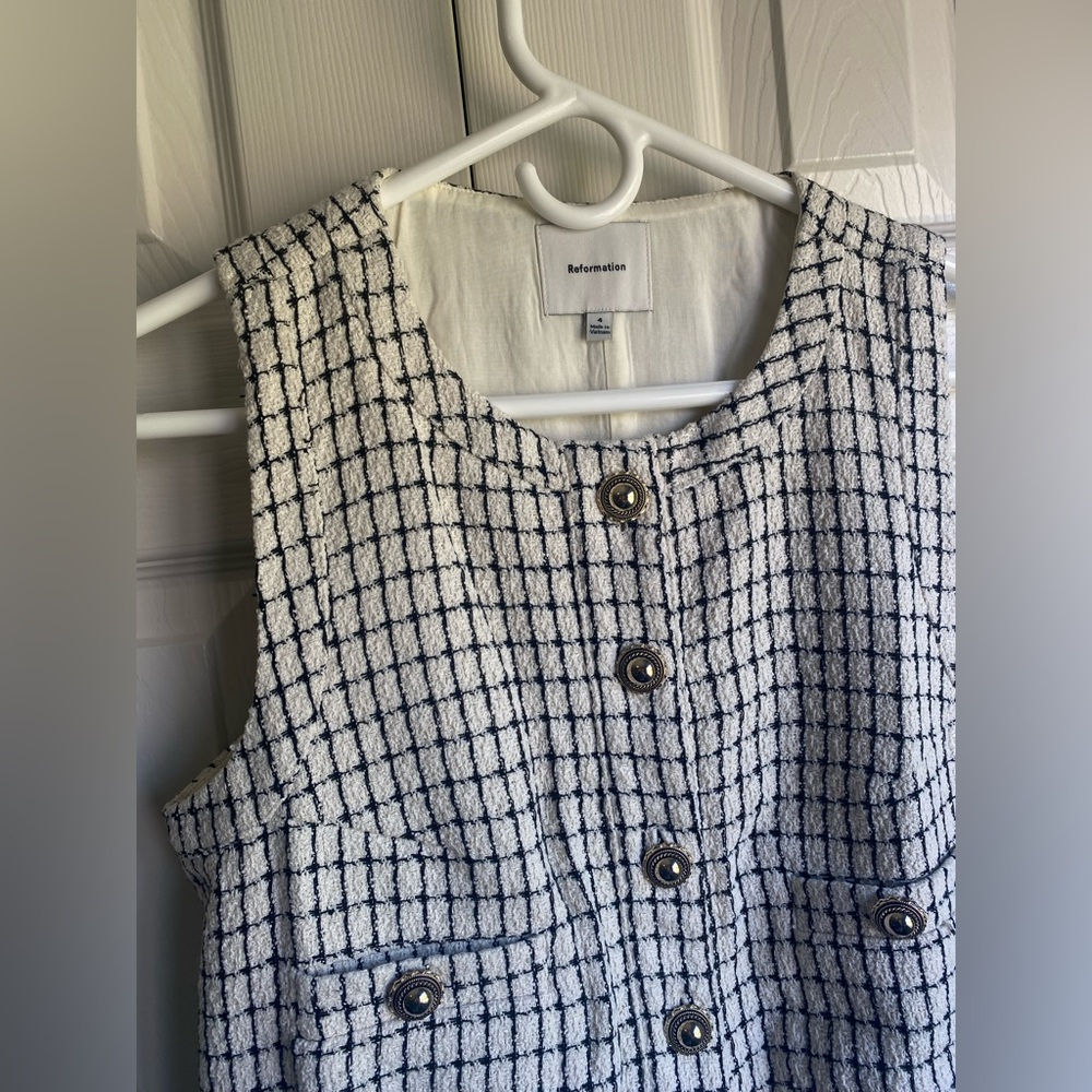 NEW Reformation Tropez Tweed Black White Gingham Button-Front Mini Dress - Picture 5 of 10